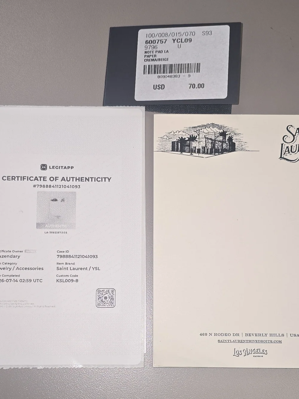 NWT Saint Laurent Rive Droite L.A. Notepad Crema/Beige + COA Luxury Stationery
